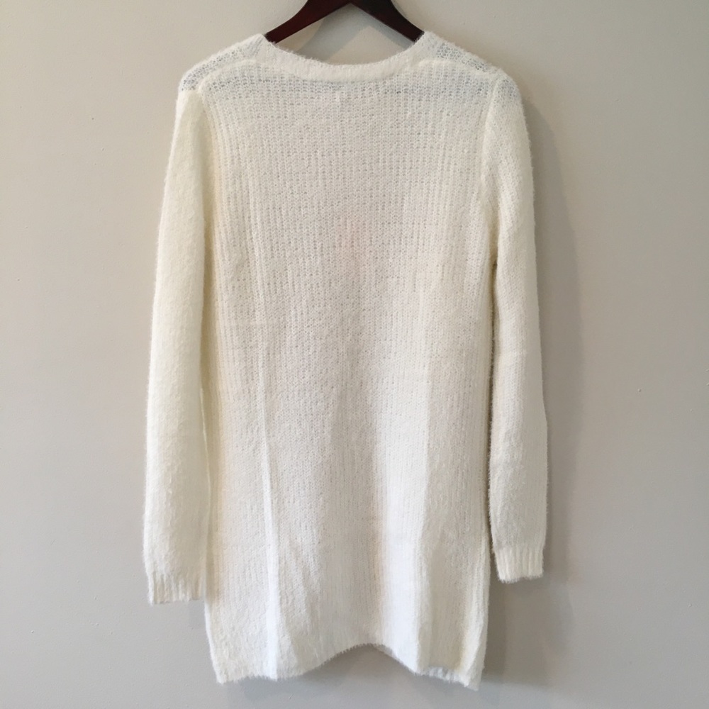 Fuzzy Cardigan Sweater Knitted Slim Fit Open Front Long Sleeve White Warm & Cozy - Picture 10 of 13